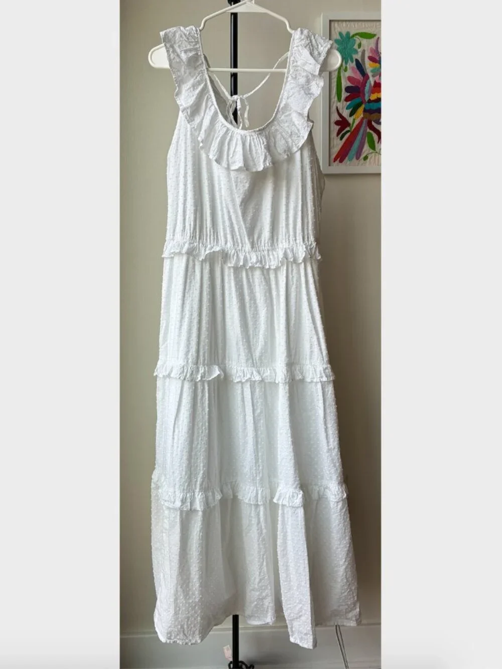 J. Crew White Swiss Dot Printed Ruffle Tiered Midi Dress w Tie Back - Size 20